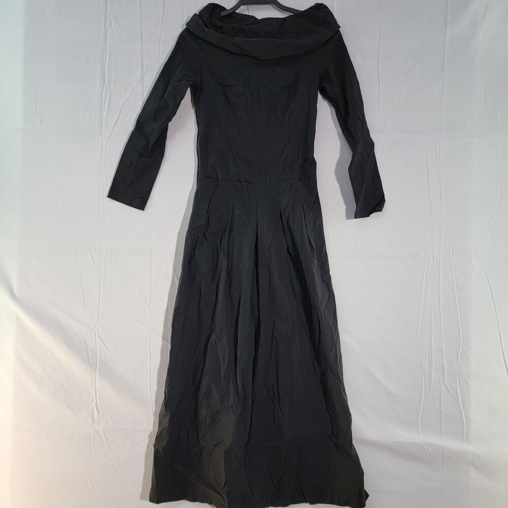 Black Maxi Dress Bateau Neckline 3/4 Sleeves Pleated at Waist Korean Boutique XS